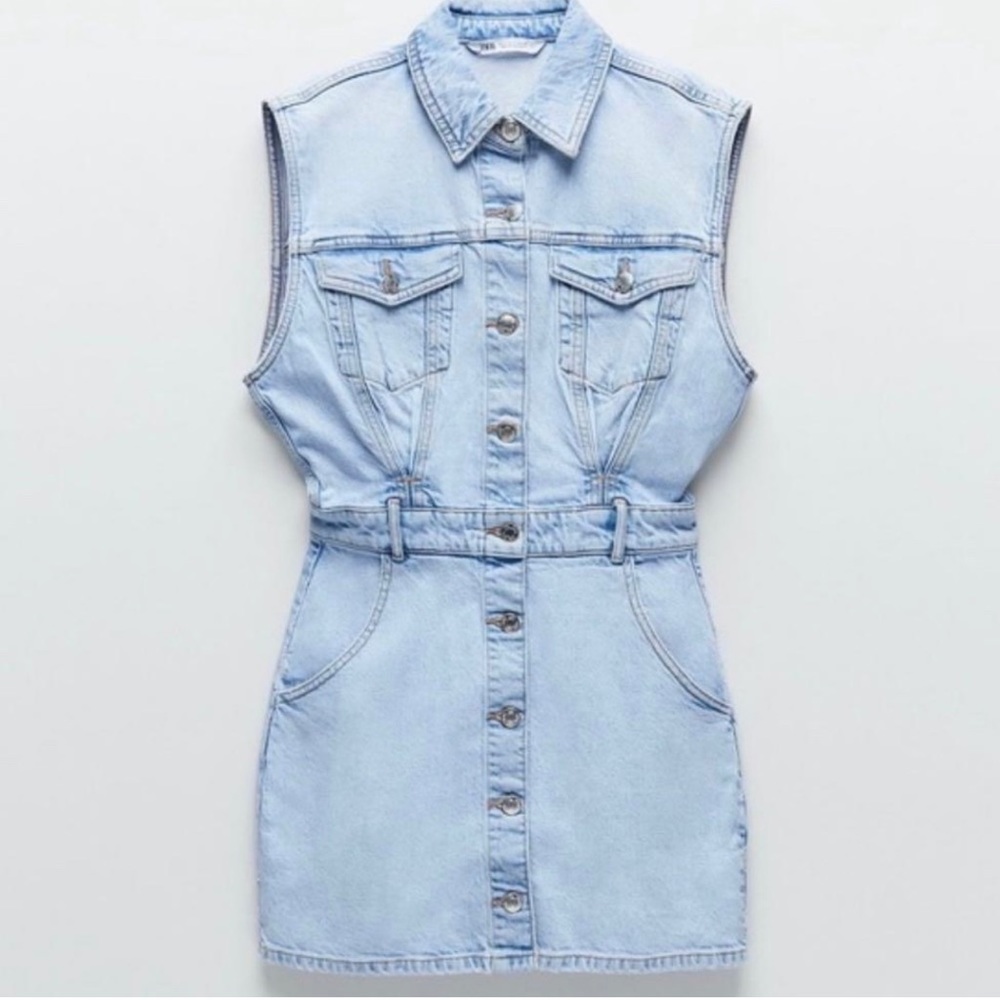 Zara Pale Blue Sleeveless Denim Midi Dress
